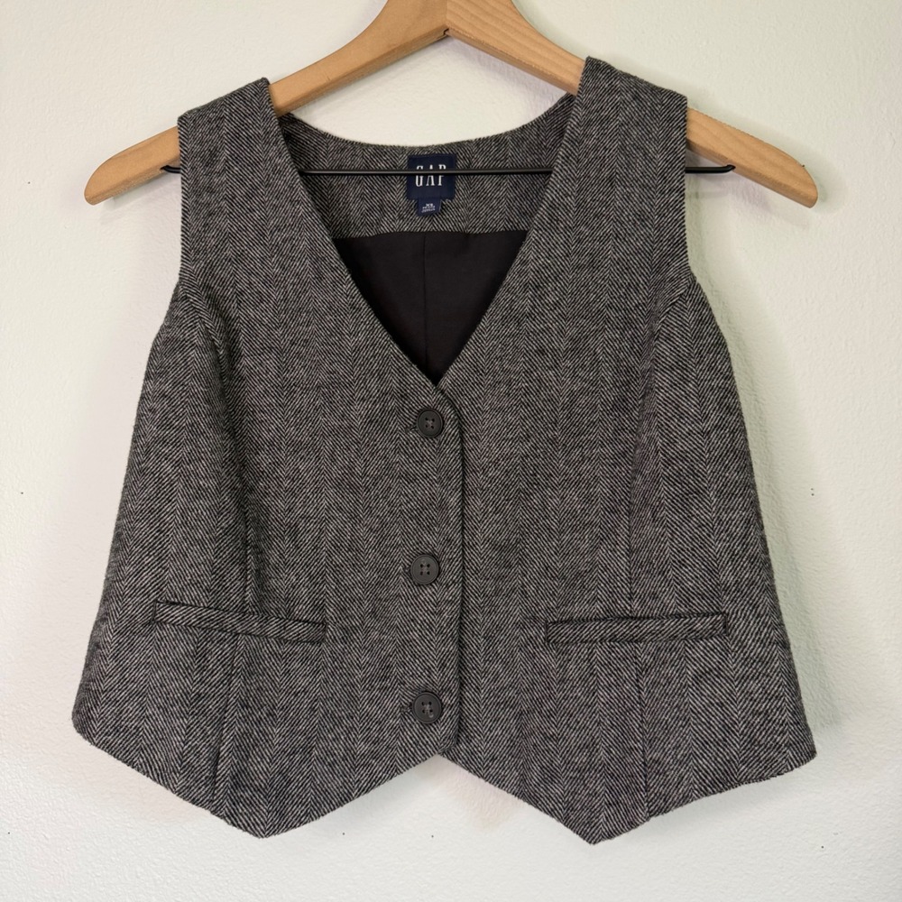 Gap - Wool Blend Waistcoat Vest Grey Herringbone XS Petite